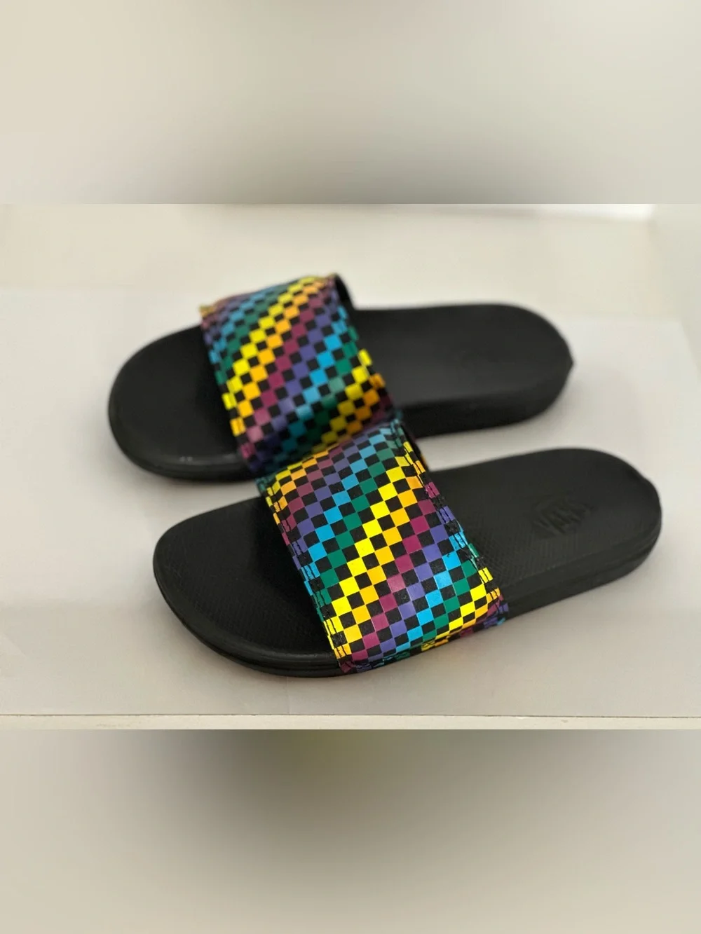 VANS | Cushy Black Slide Sandals with Rainbow Checkerboard Strap | Size 3 Y